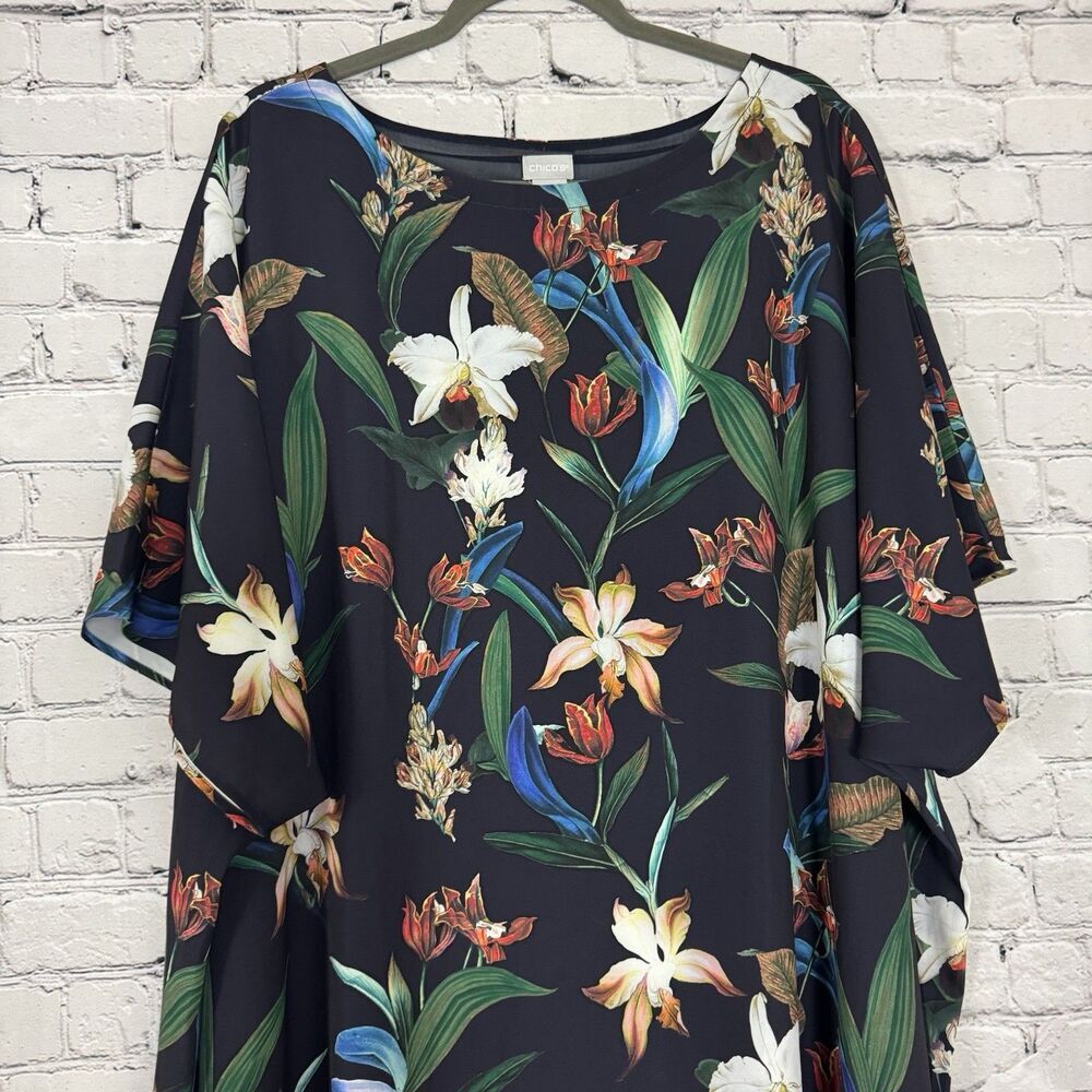 Chico's Sharkbite Hem Maxi Dress Blue Floral Easy Print Womens Size US 20/22 - Picture 5 of 12